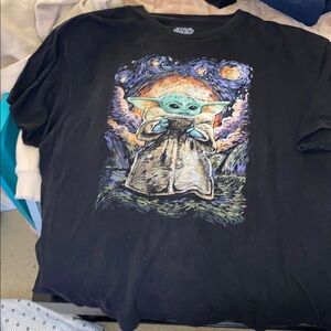 Star Wars Black Tee with Colorful Baby Yoda Design slightly faded